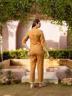 Zummer Embroidered Cotton Co-Ord Set with Shirt & Trousers – Brown, Camel & Navy Blue