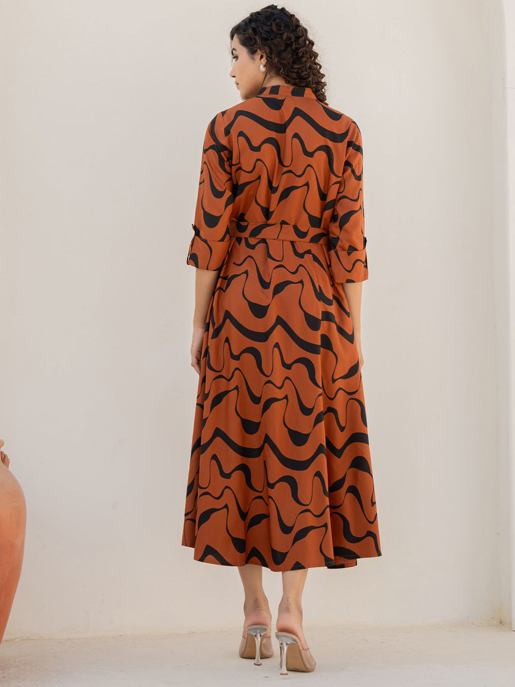 Rayon Brown Printed Fit And Flare Maxi Dress