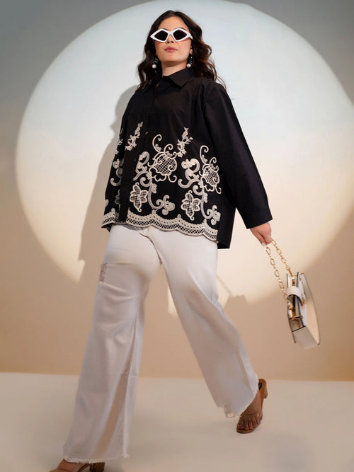 Black Floral Embroidered Boxy Shirt