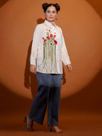 White Floral Embroidered Relaxed Fit Shirt