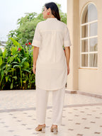 Cotton Off White Embroidered Tunic With Trouser Co-Ords Set