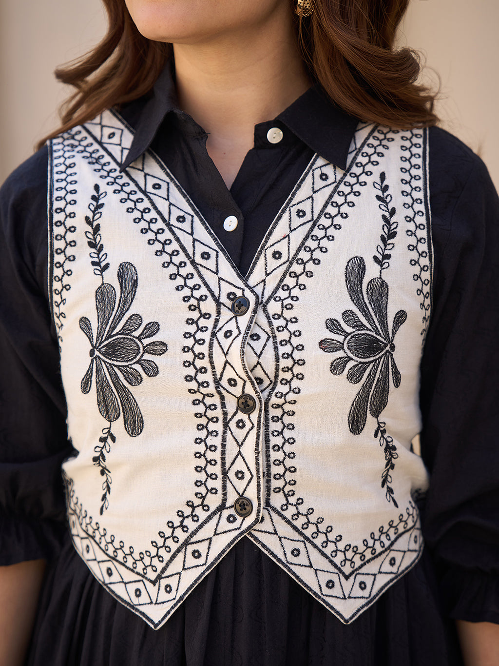Zummer Women Navy Blue Embroidered Cotton Midi Dress Jacket