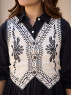 Zummer Women Navy Blue Embroidered Cotton Midi Dress Jacket