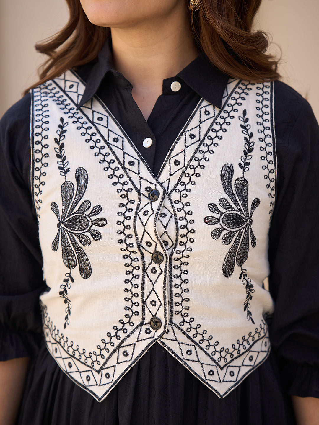 Zummer Women Navy Blue Embroidered Cotton Midi Dress Jacket