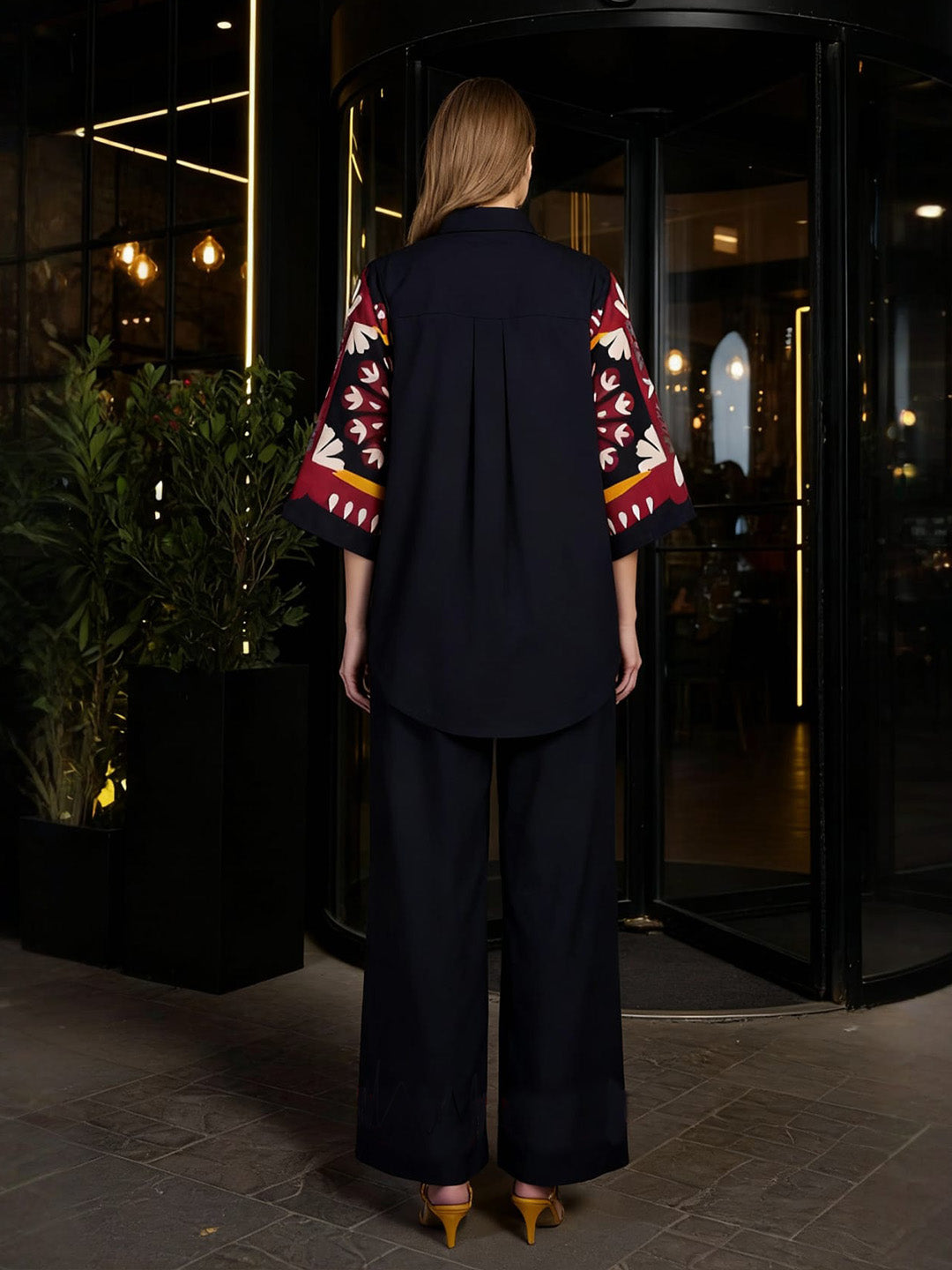 Navy Blue Floral Hand Print Shirt & Trouser Co-Ord Set