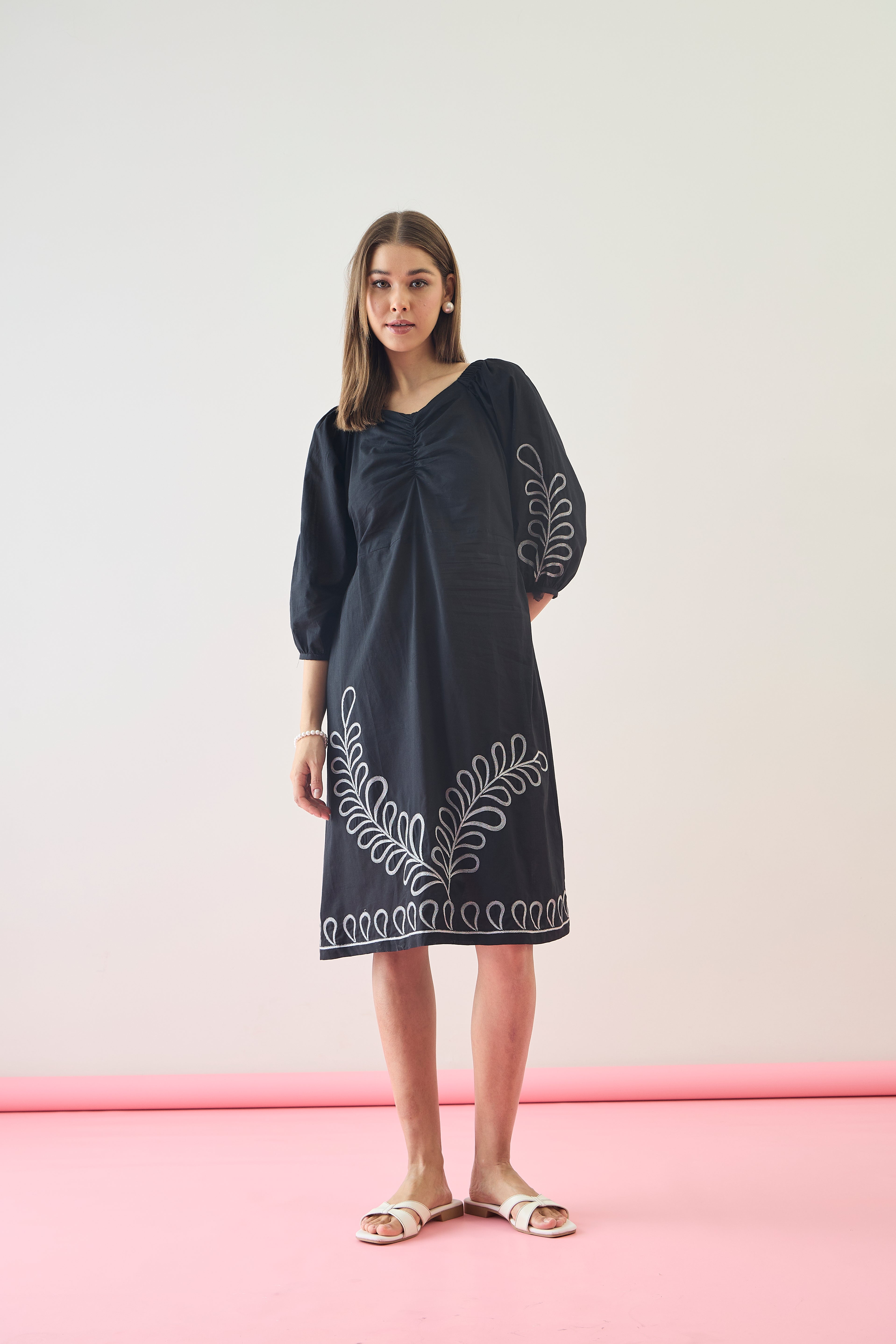 Cotton Black Embroidered  Puff Sleeve Midi Dress