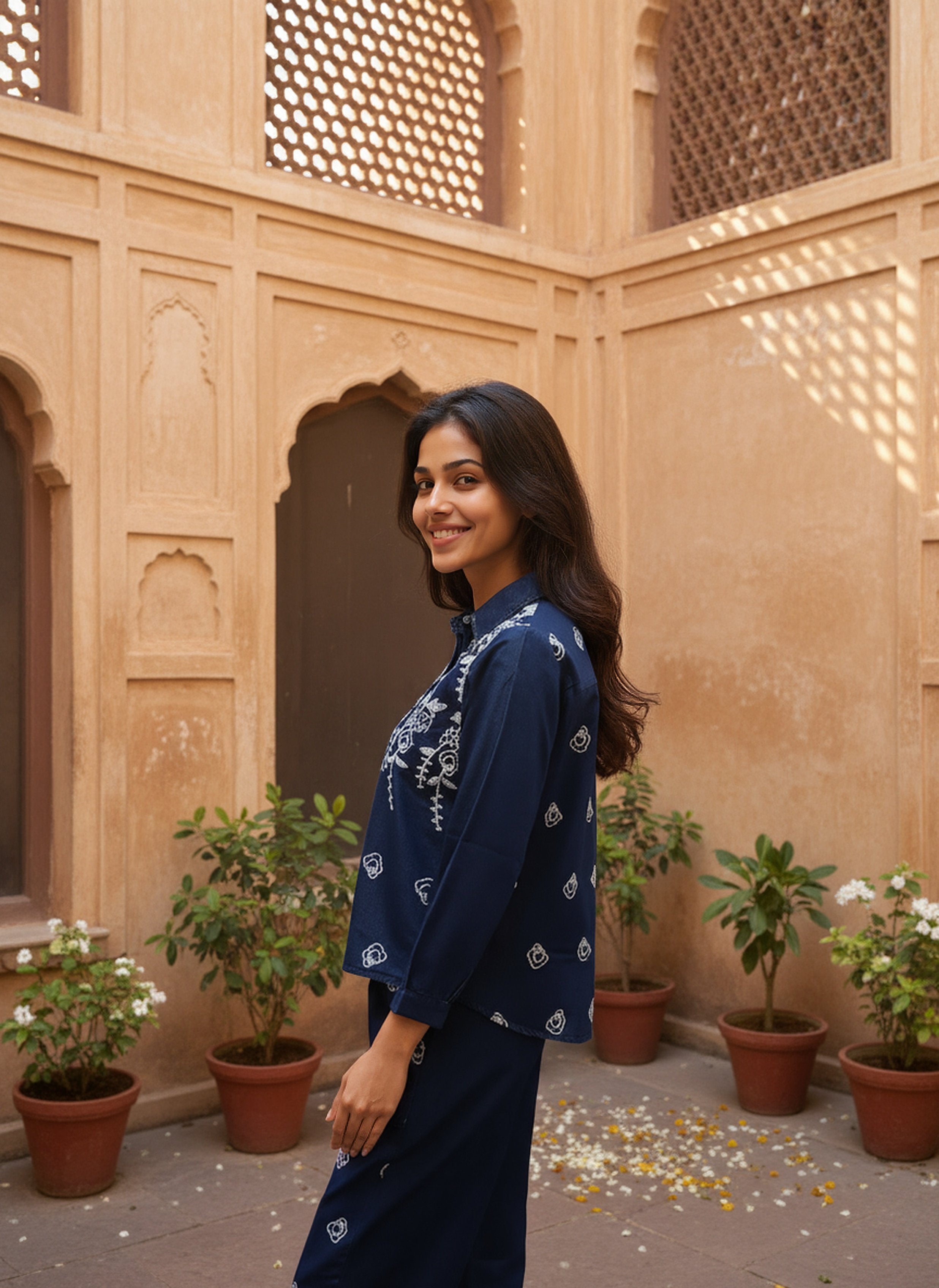 Denim Embroidered Shirt With TrouserCo-Ords Set