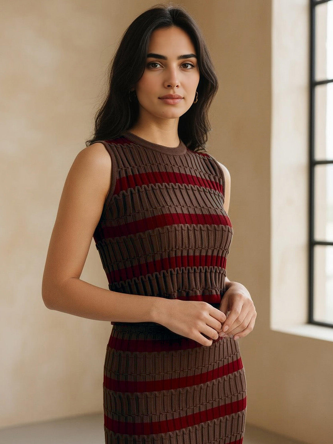 Seamless cotton knitted striped Crop Top With Skirt Co-Ords Set