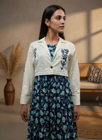 Cotton Navy Blue Printed Fit And Flare Midi Dress with Embroidered Jacket