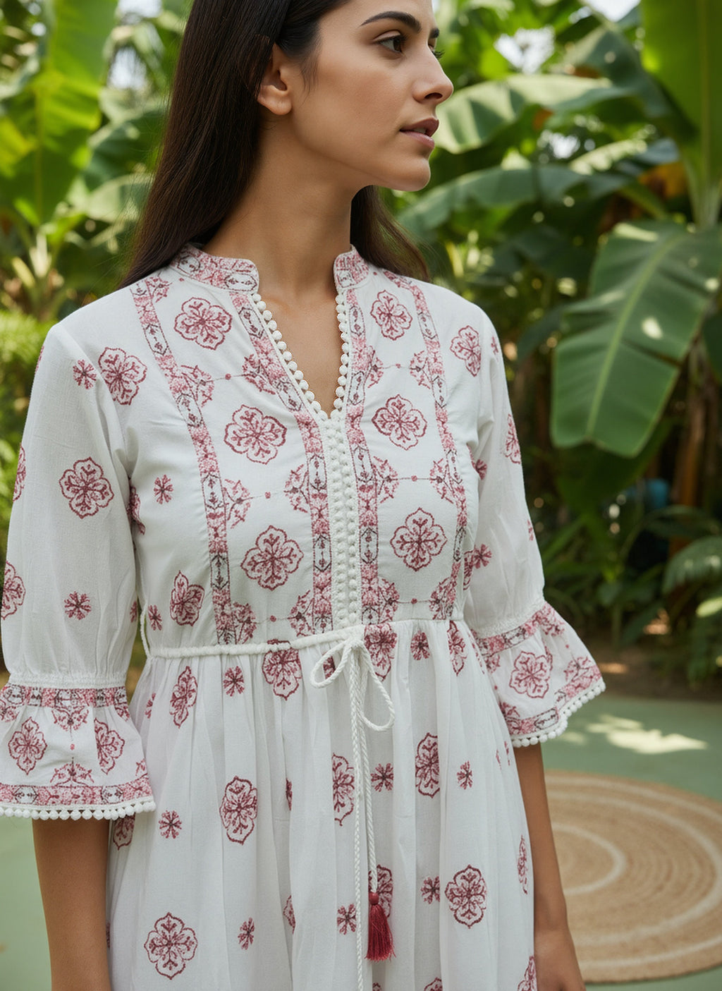 Cotton Floral Embroidered  Puff Sleeve Dress