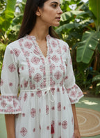 Cotton Floral Embroidered  Puff Sleeve Dress