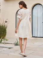 Cotton Embroidered  Puff Sleeve Short Dress