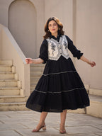 Zummer Women Navy Blue Embroidered Cotton Midi Dress Jacket