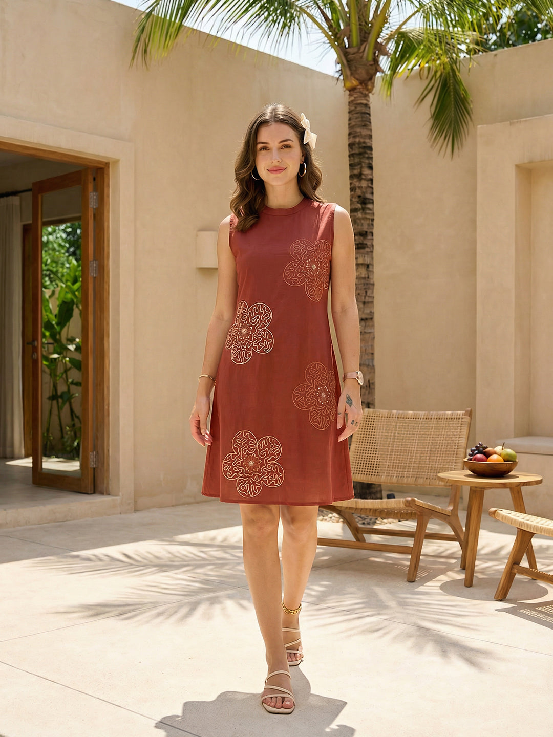 Zummer Rust Cotton Embroidered A-Line Dress