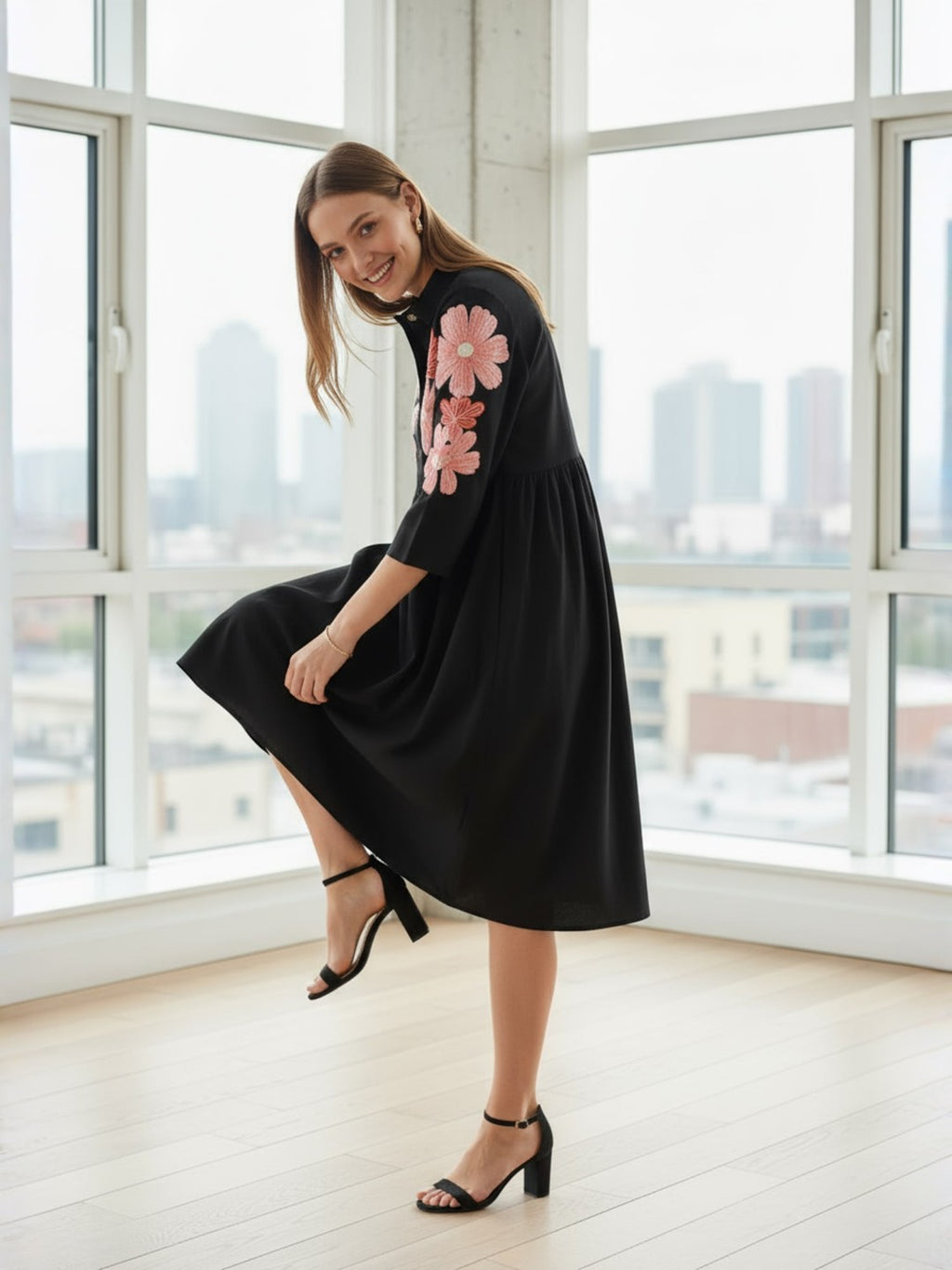 Zummer Rayon Black floral embroidered Shirt Collar Midi dress