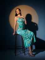 Blue Asbstract Satin Strappy Maxi Dress