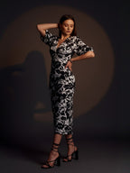 Black Leaves Printed Front Twisted Midi Dress