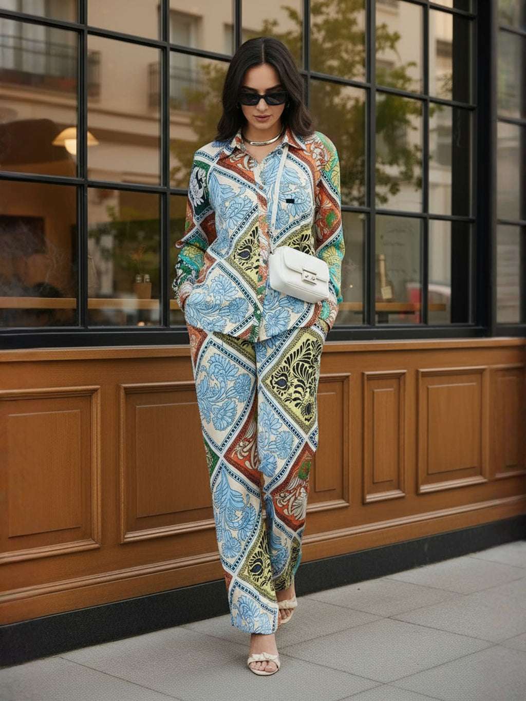 Multi Floral Satin Shirt With Darted Pants