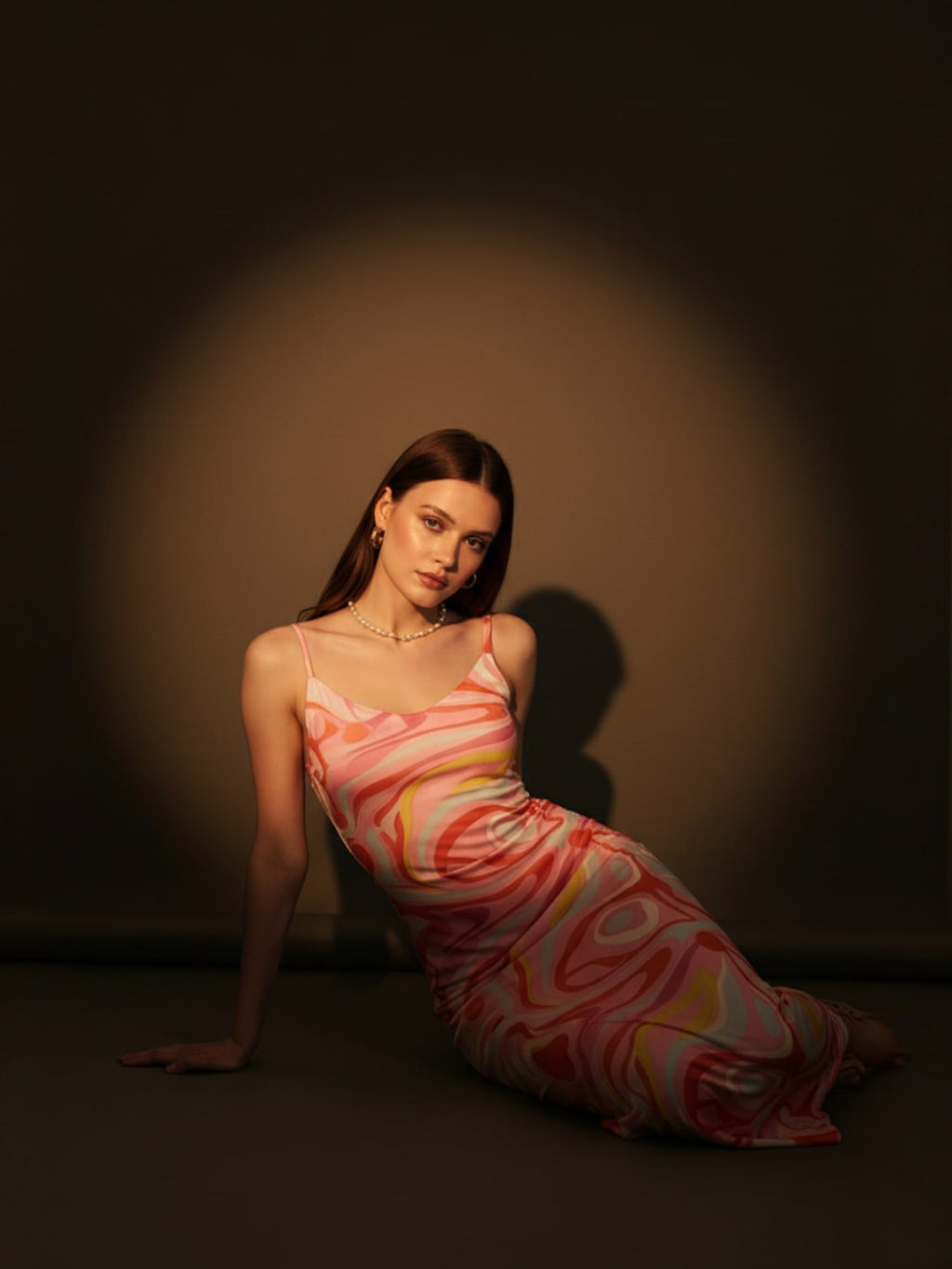 Pink Asbstract Satin Strappy Maxi Dress