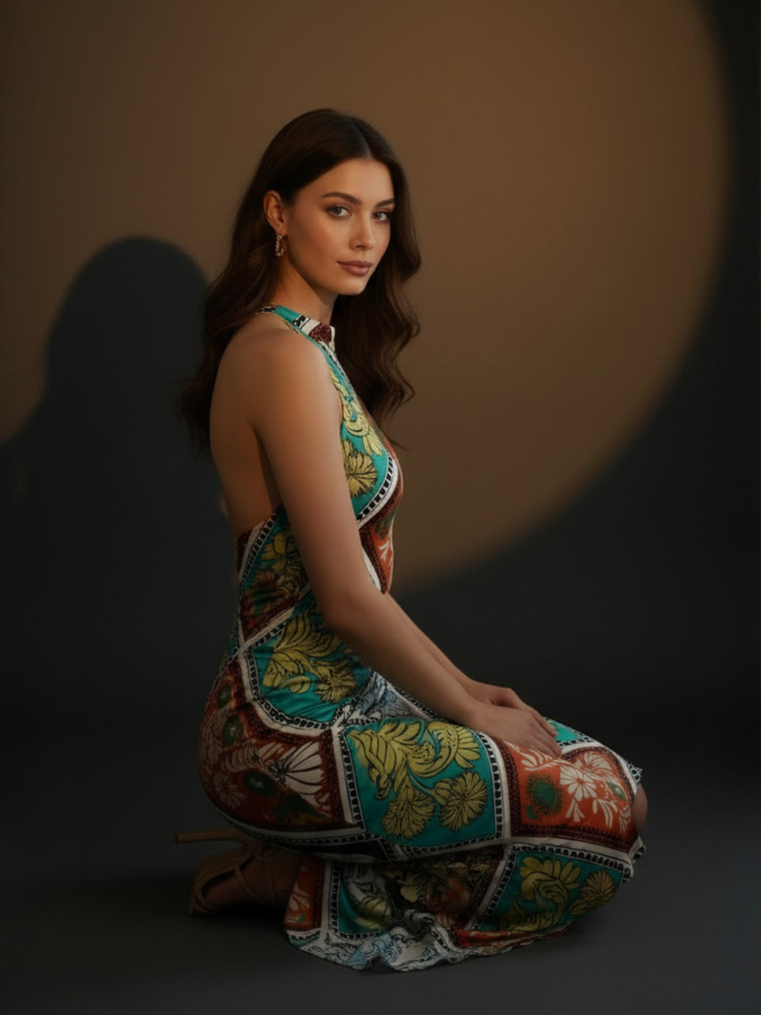 Multi Floral Satin Halter Neck Midi Dress