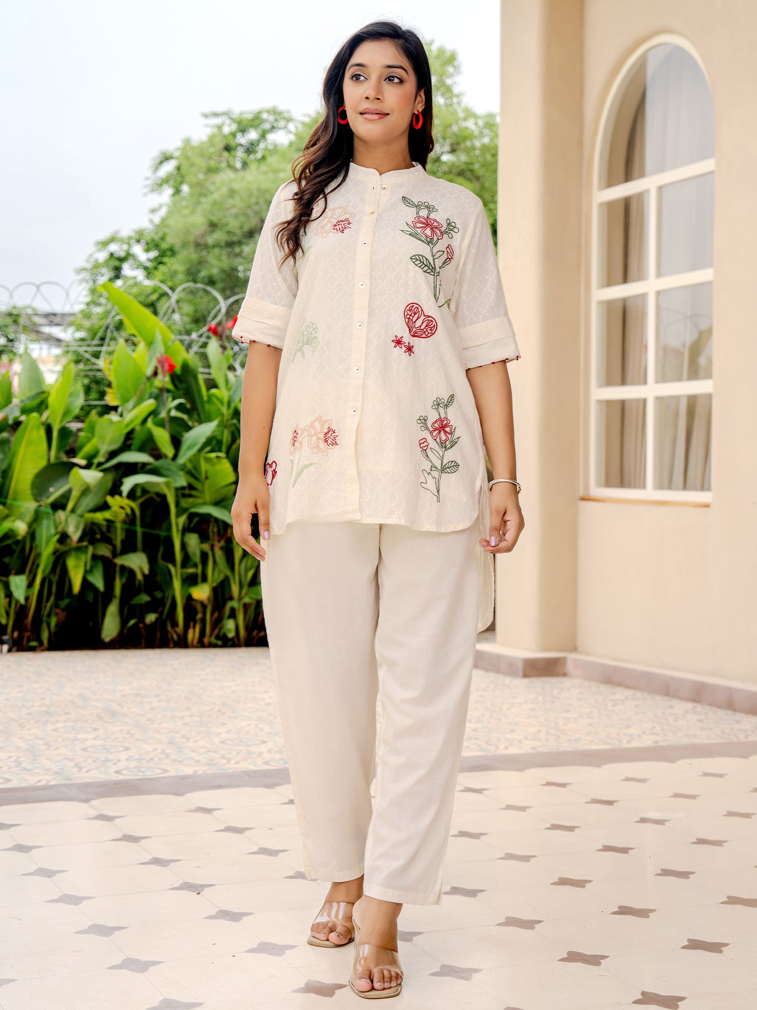 Cotton Off White Embroidered Tunic With Trouser Co-Ords Set