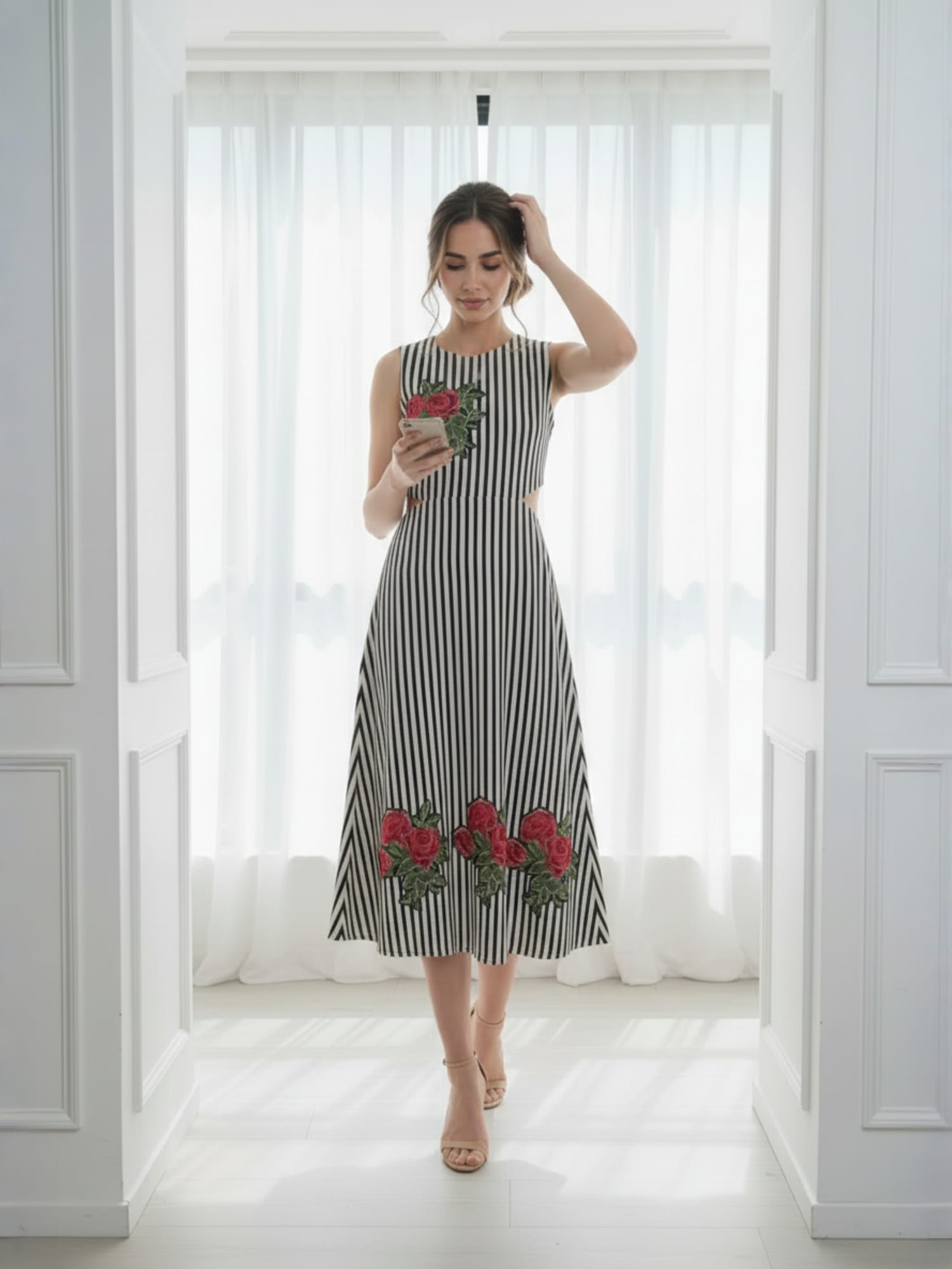 White and Black striped cut - out dress