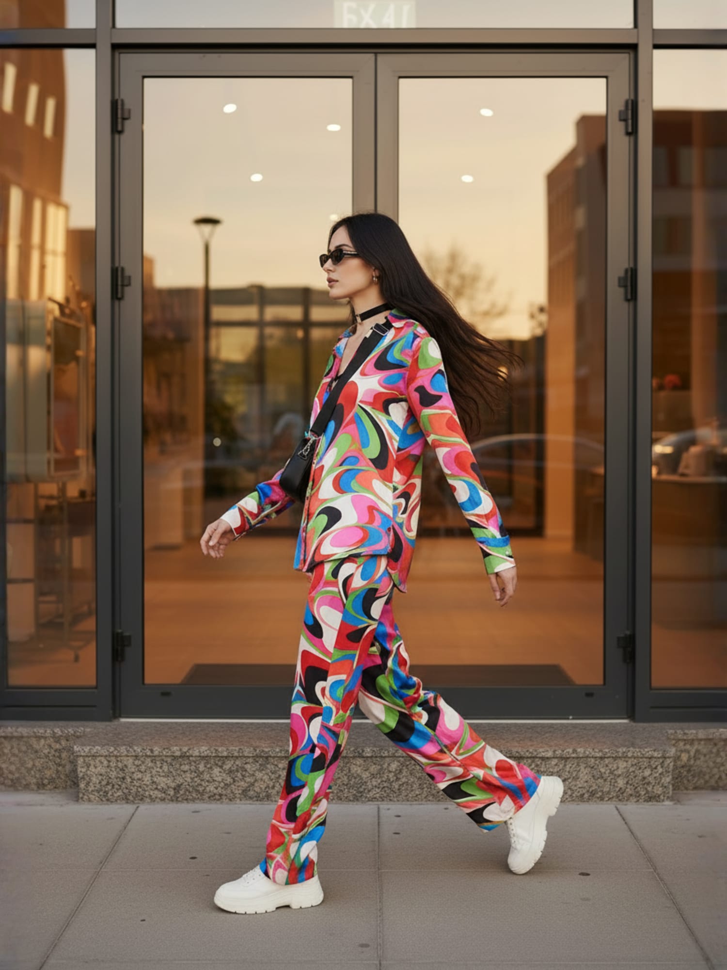 Multi Abstract Satin Shirt With Darted Pants