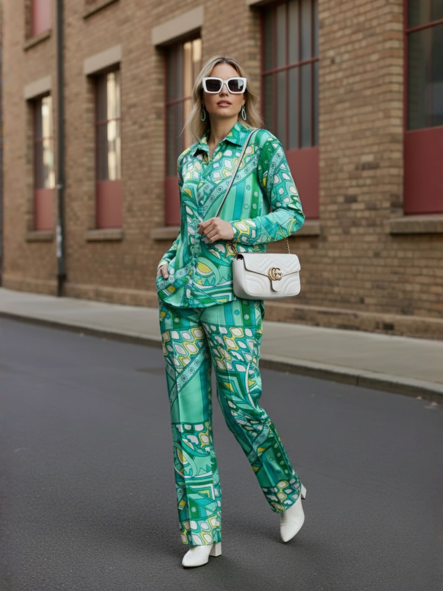 Blue Abstract Satin Shirt With Darted Pants