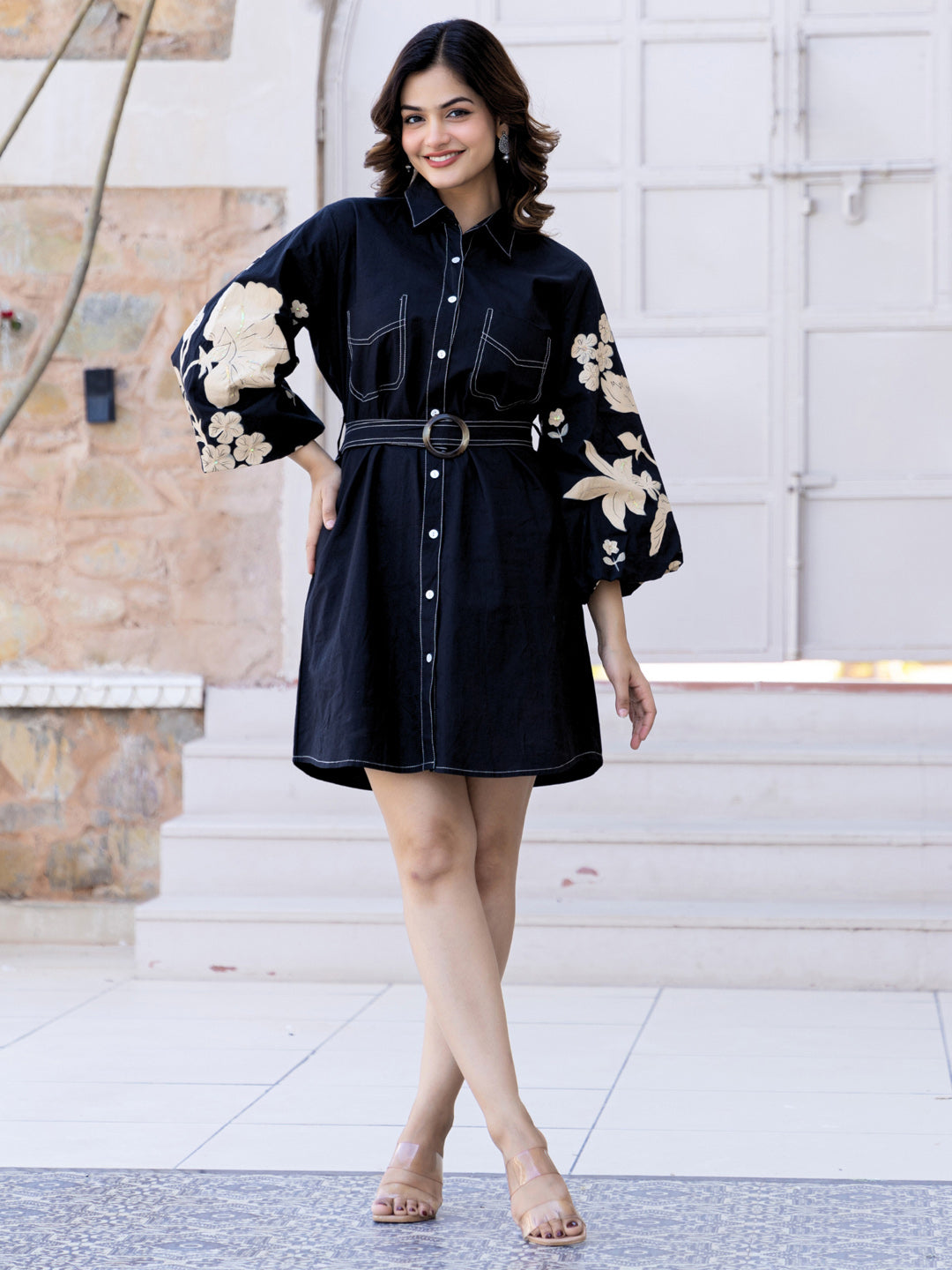 Cotton Floral Colourblocked Shirt Dress