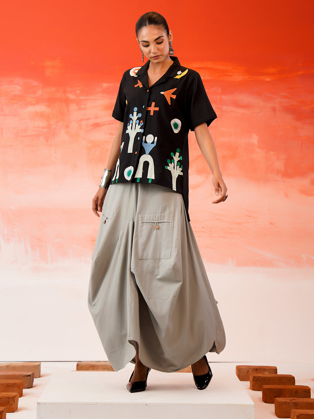Zummer Embroidered Cotton Co-Ord Set with Shirt & Skirt – Black, Charcoal & Grey