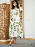 Rayon Off white Printed Fit And Flare Maxi Dress