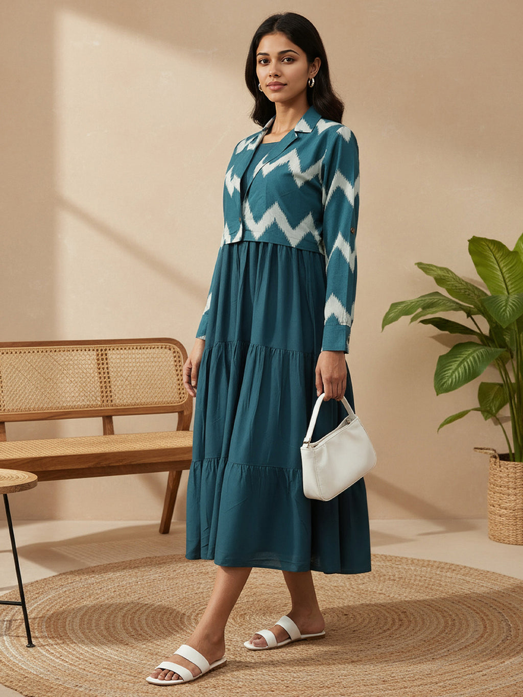 Cotton Fit And Flare Midi Dress with ikat Printed Jacket