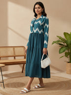 Cotton Fit And Flare Midi Dress with ikat Printed Jacket