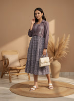 Cotton Lavender Printed Fit And Flare Midi Dress with Embroidered Jacket