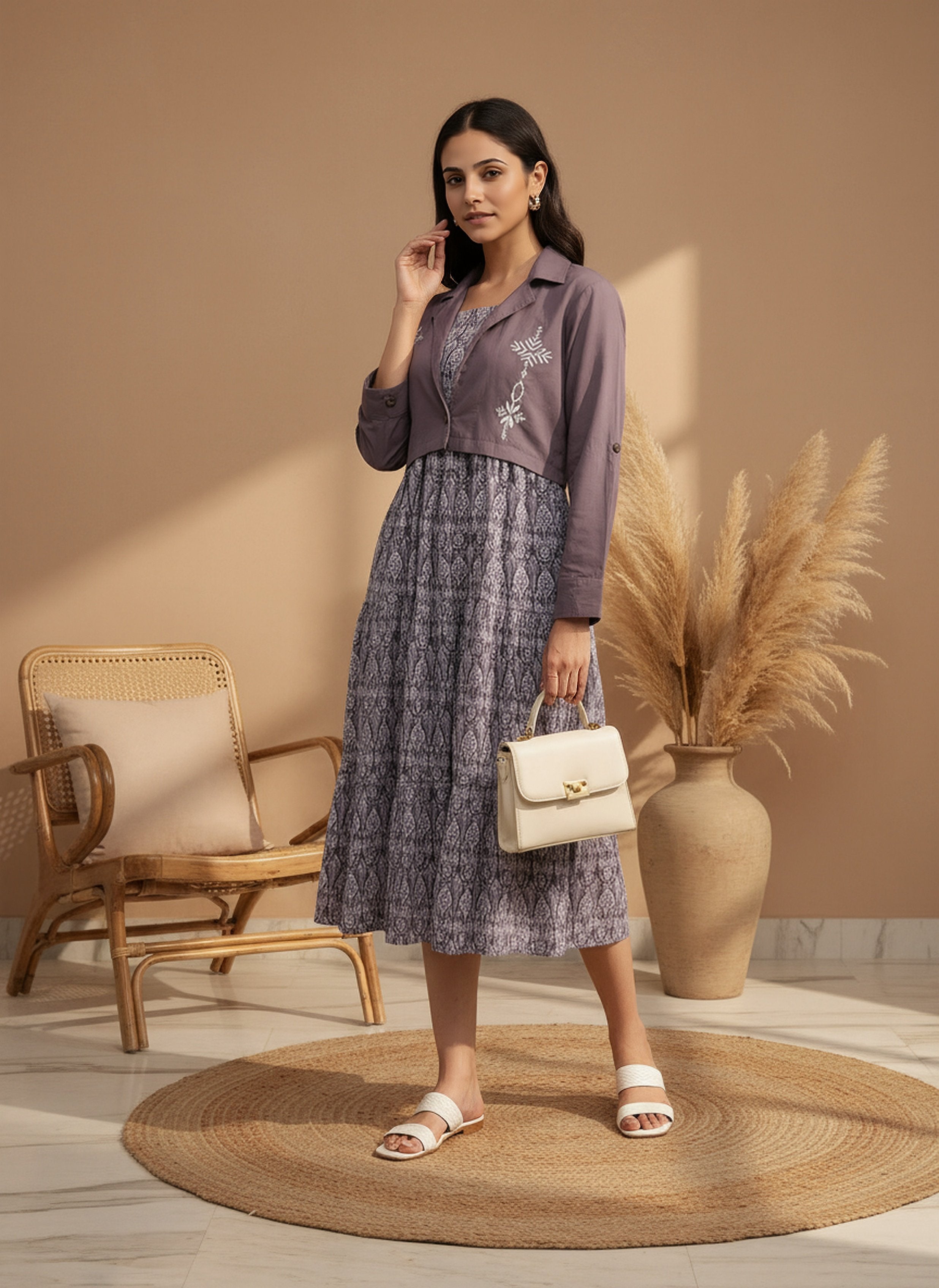 Cotton Lavender Printed Fit And Flare Midi Dress with Embroidered Jacket