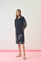 Cotton Black Embroidered  Puff Sleeve Midi Dress