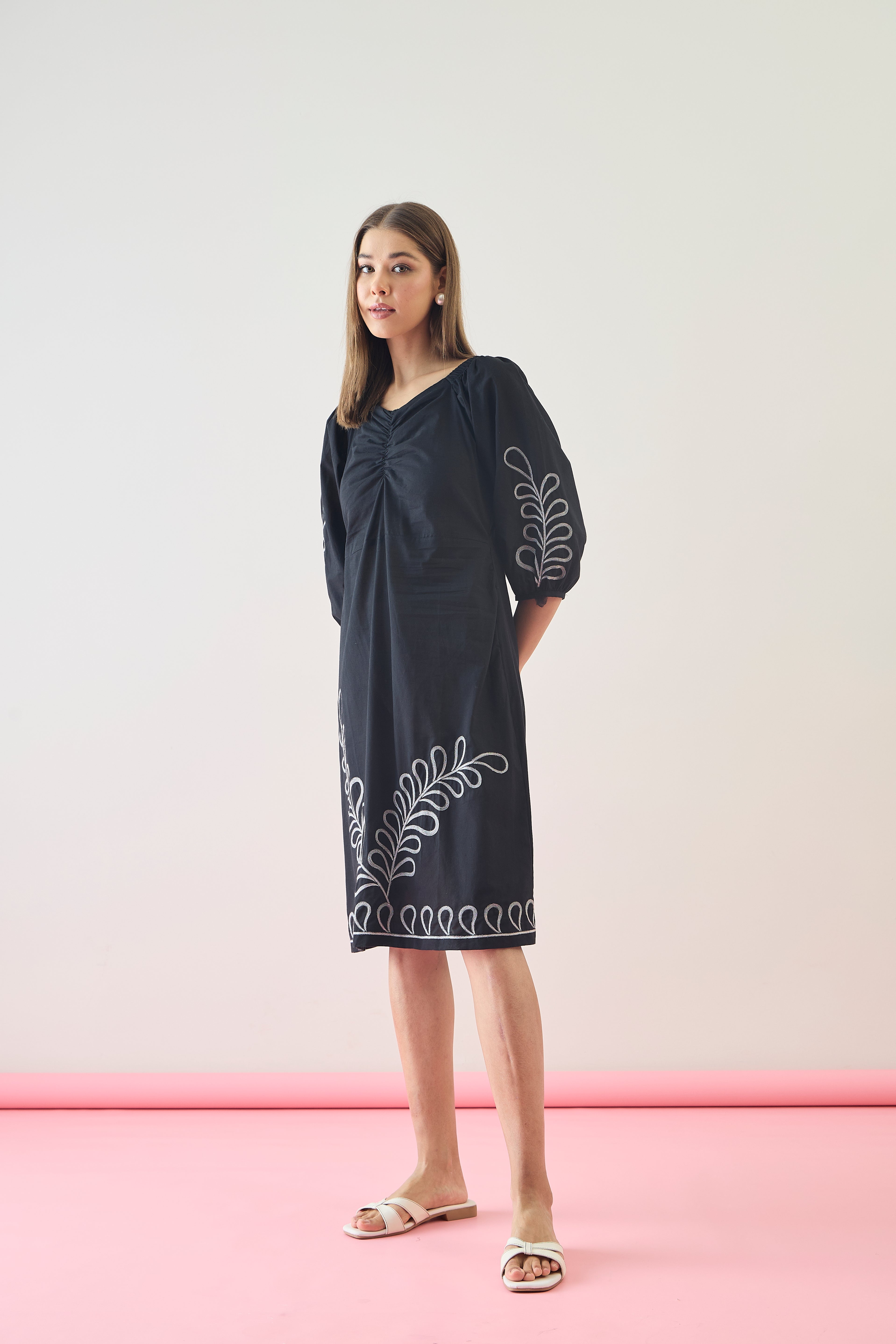 Cotton Black Embroidered  Puff Sleeve Midi Dress