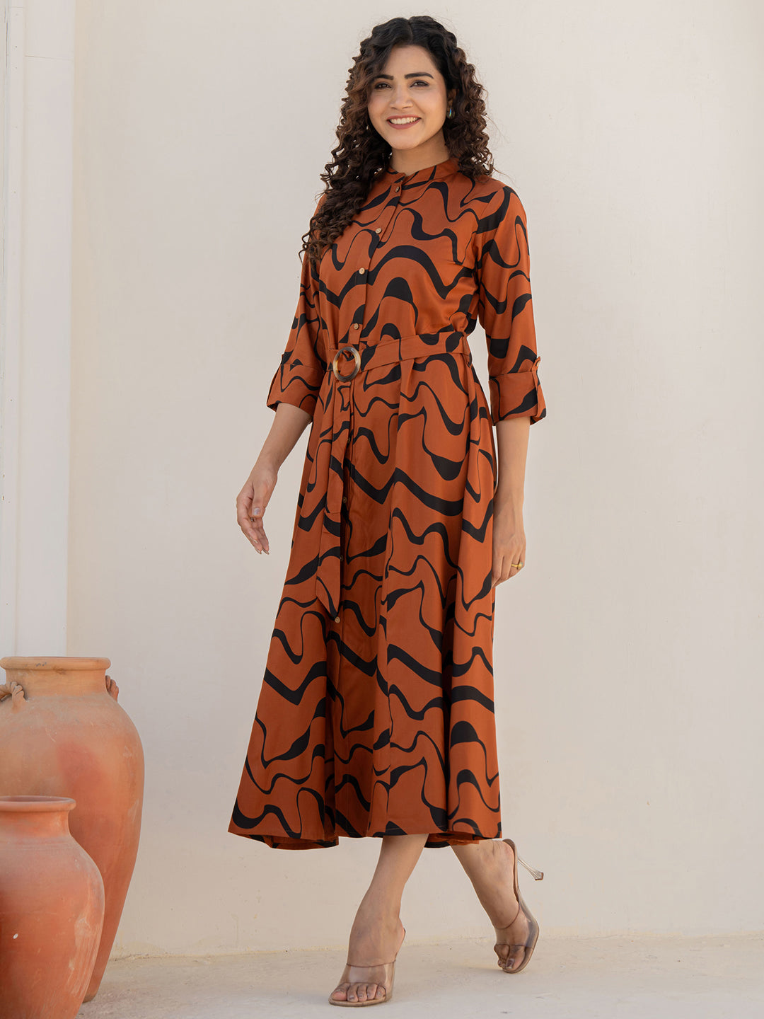 Rayon Brown Printed Fit And Flare Maxi Dress