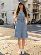 Zummer Women Blue Denim A-Line Midi Dress with Belt