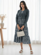 Cotton Printed Fit And Flare Midi Dress with Embroidered Jacket