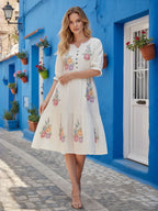 Floral Embroidered Puff Sleeve A-Line Dress
