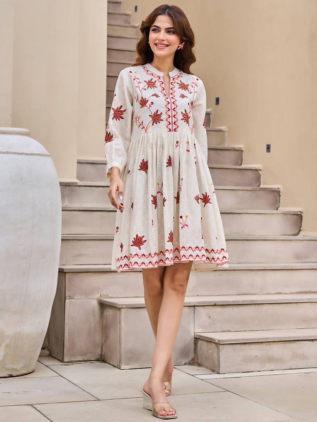 Off white Embroidered Fit And Flare Short Dress