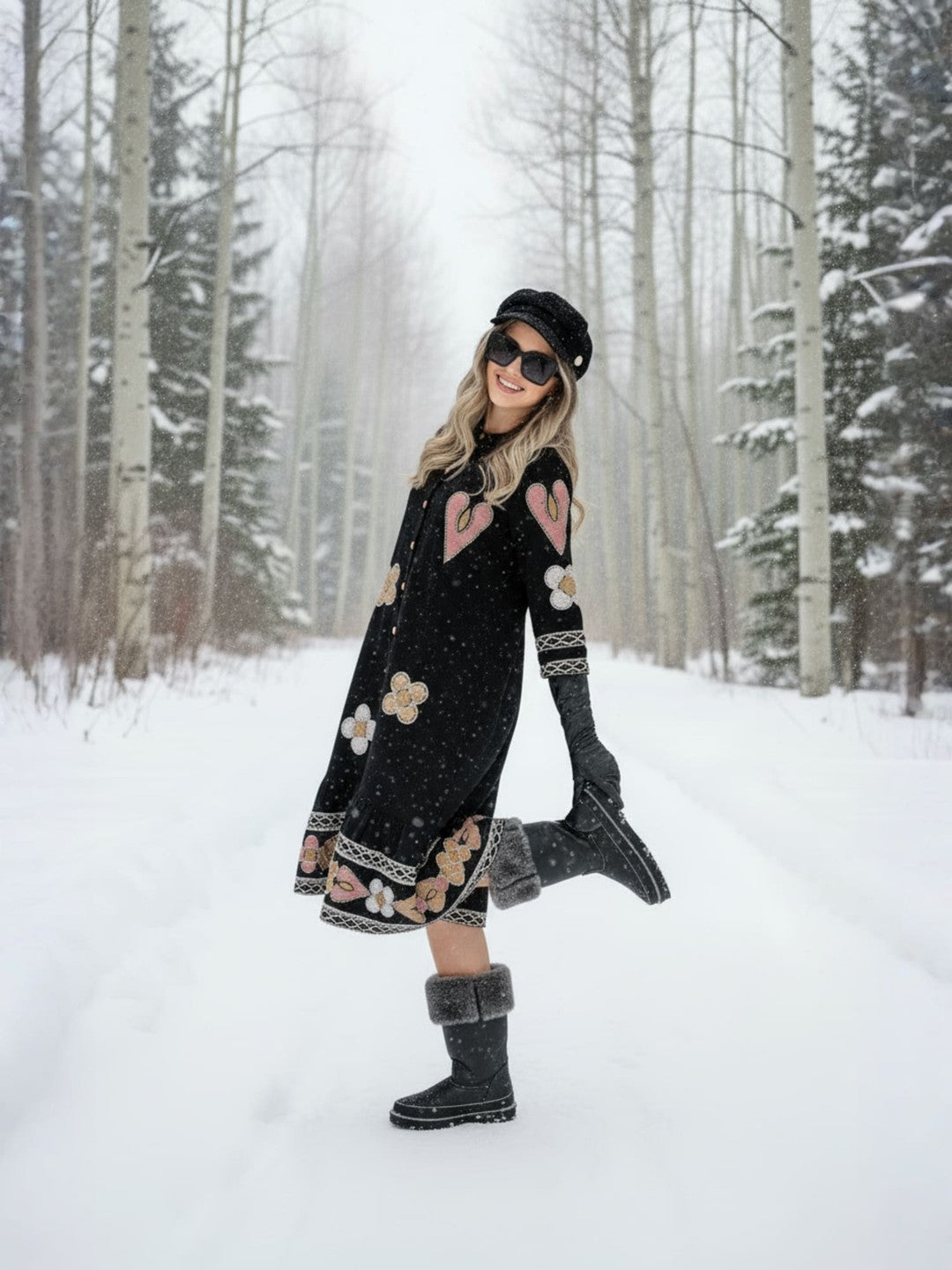 Zummer Cotton Black Geometric Embroidered Midi Dress