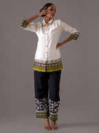 Cotton Off White And Black Embroidered Shirt With Trouser Co-Ords Set
