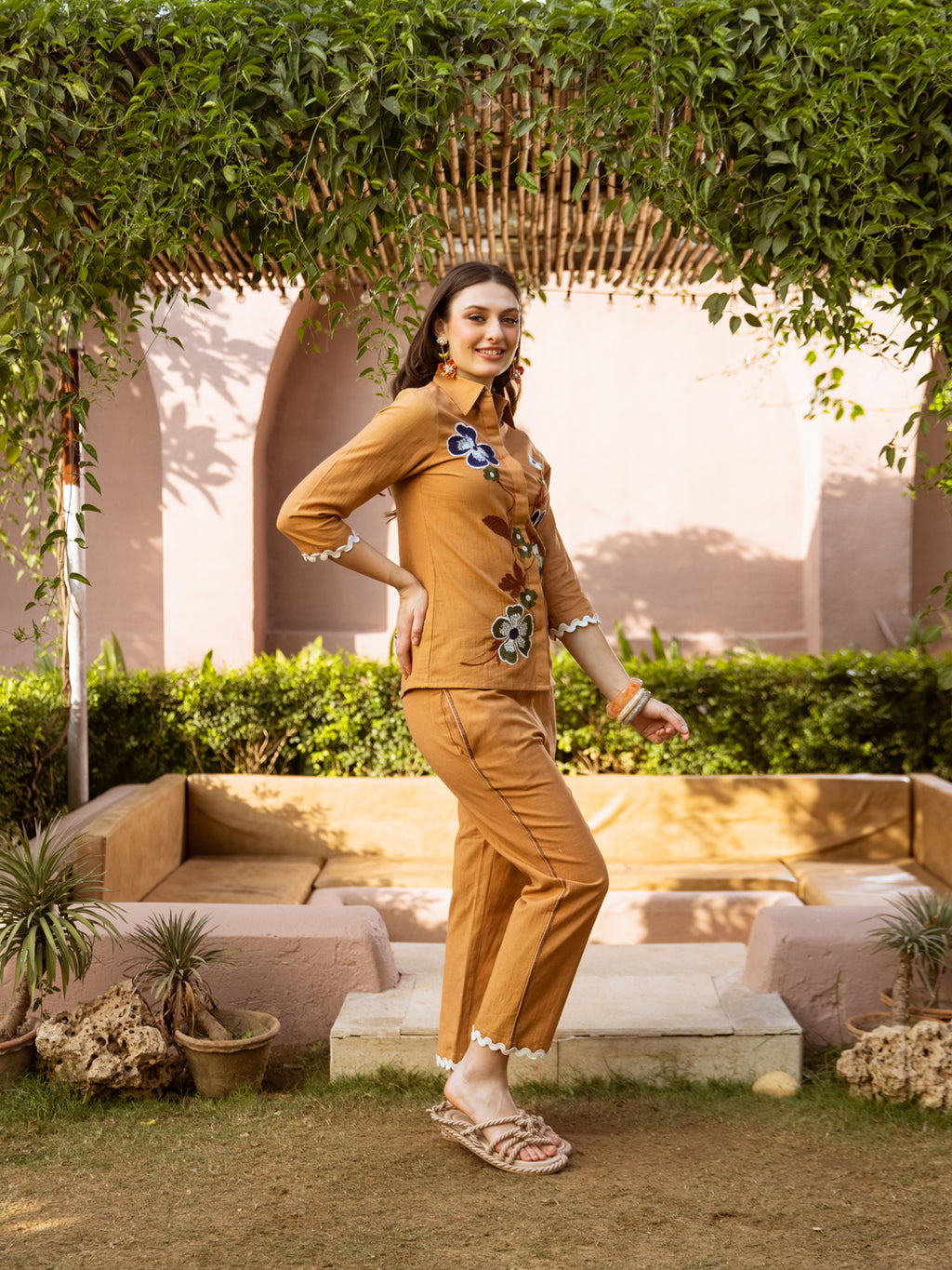 Zummer Embroidered Cotton Co-Ord Set with Shirt & Trousers – Brown, Camel & Navy Blue