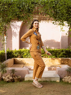 Zummer Embroidered Cotton Co-Ord Set with Shirt & Trousers – Brown, Camel & Navy Blue