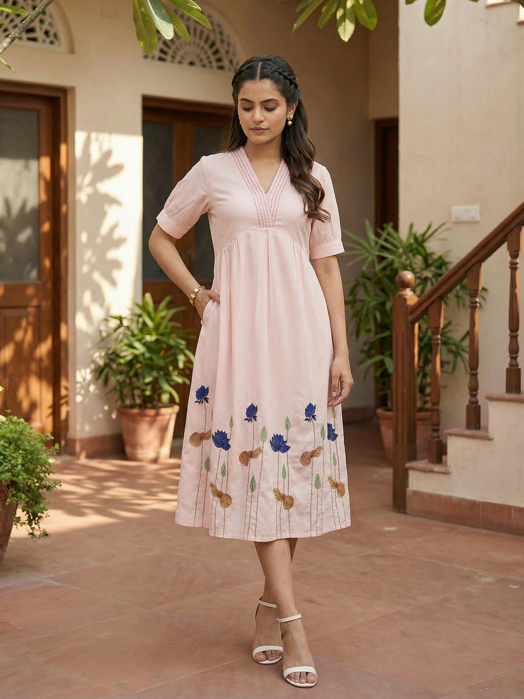 Zummer Women Pink Floral Cotton Empire Midi Dres