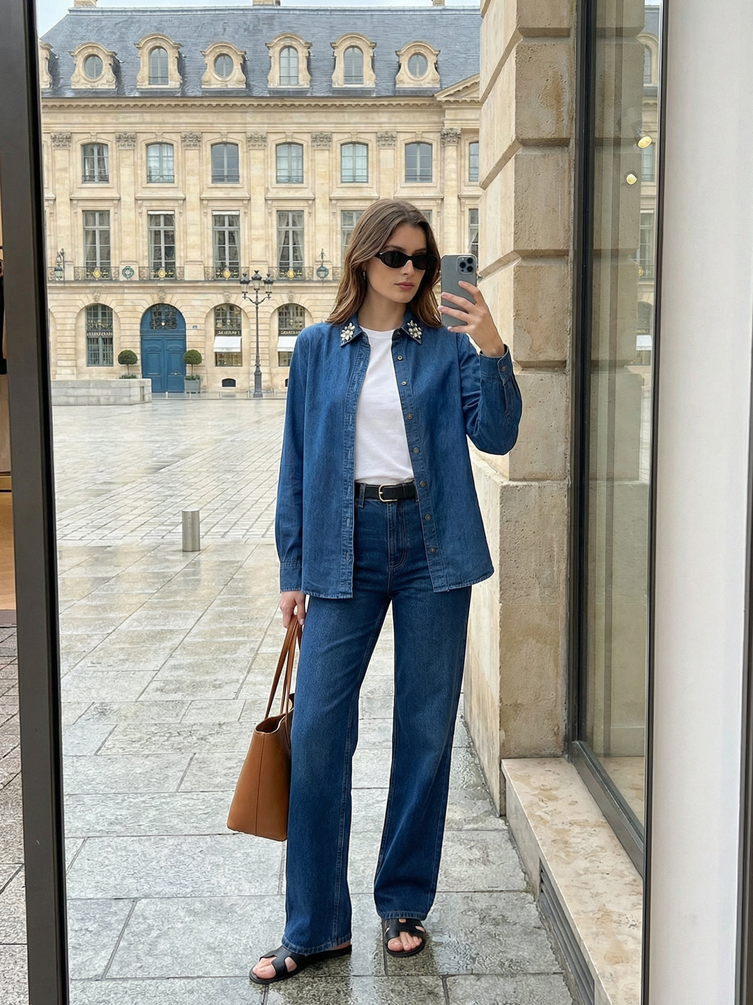 Zummer Embellished Denim Shirt with Spread Collar – Blue & Navy