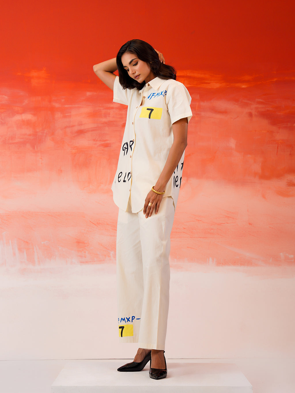 Zummer Hand-Painted Cotton Co-Ord Set with Shirt & Trousers – Off White, Cream & Multi