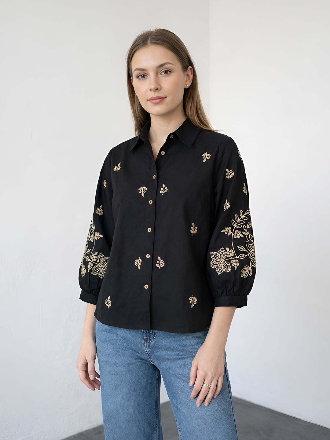 Zummer Black, Charcoal &amp; Beige Embroidered Cotton Shirt